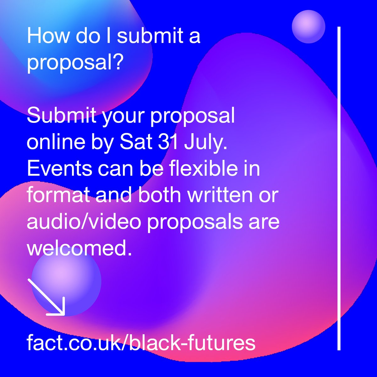 🚨 as part of my residency <a href="/FACT_Liverpool/">FACT_Liverpool</a> we have an open call for Black folk *only* 🗣️Black Futures' 🔮🧕🏽🪄🌊 

Proposals should consider: what does the future look, sound and feel like for Black lives? What and where is the future? What role do digital technologies play?