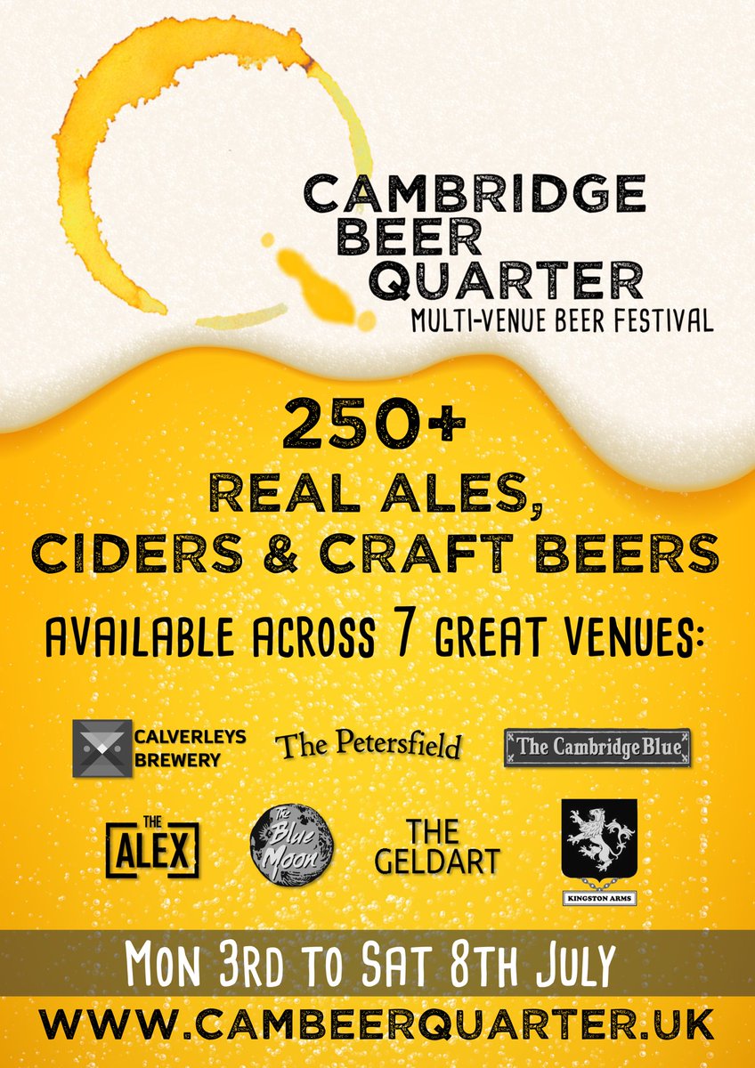 <a href="/cambeerfest/">Cambridge Beer Fest</a> starts today 🍺🙌🏻

250+ real ales, cider &amp; craft beers across 7 great venues until Saturday!

Where to find our beers ⬇️

<a href="/Cambridge_Blue/">The Cambridge Blue</a> 
CB1 2LG
🍻 Symposium, Macaroni Ted
🐀 Ratella, Paparatzi 

Kingston Arms 
CB1 2NU
🍻 White Rat
🐀 King Rat