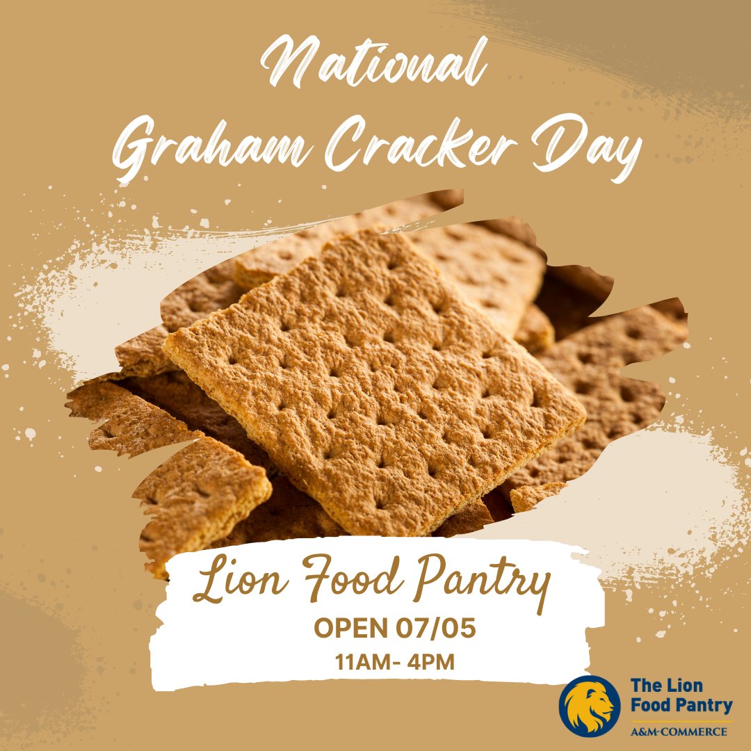 LionsPantry's tweet photo. The Lion Food Pantry is open Wednesday from 11am-4pm! So make sure to stop by for a treat in honor of National Graham Cracker Day! 
For assistance outside of our usual hours, please contact us at LionPantry@tamuc.edu https://t.co/l9M7W5b7bW