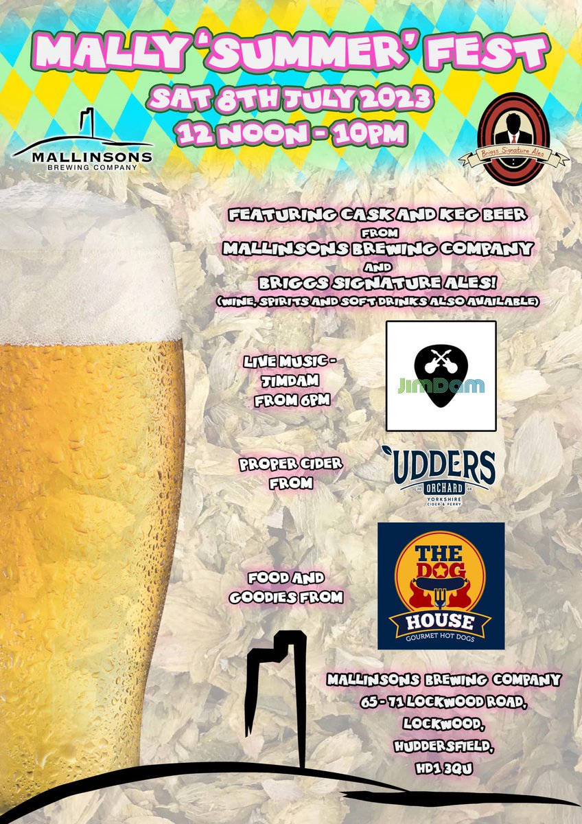 Huddersfield BID (@huddersfieldbid) on Twitter photo Happening in Huddersfield this Saturday, July 8th
Mally ‘Summer’ Fest by <a href="/Mallinsons/">Mallinsons</a> - a Huddersfield Beer Week participant!
🍺 Cask & Keg Beer
🍏 Proper cider from Udders Orchards
🌭 Food & Goodies from The Dog House
Starting at 12noon 💥
#huddersfield #summer Happening in Huddersfield this Saturday, July 8th
Mally ‘Summer’ Fest by <a href="/Mallinsons/">Mallinsons</a> - a Huddersfield Beer Week participant!
🍺 Cask & Keg Beer
🍏 Proper cider from Udders Orchards
🌭 Food & Goodies from The Dog House
Starting at 12noon 💥
#huddersfield #summer