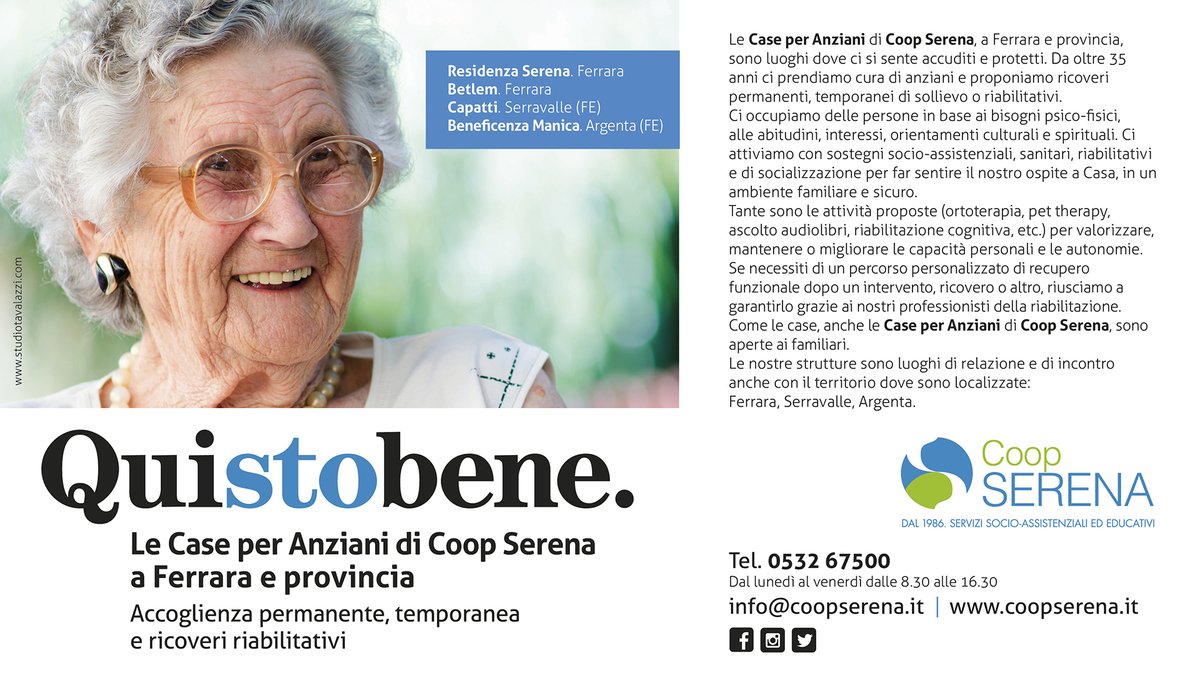 Qui sto bene. Le Case per Anziani di Coop Serena a Ferrara e provincia.
.
#quistobene #anziani coopserena.it