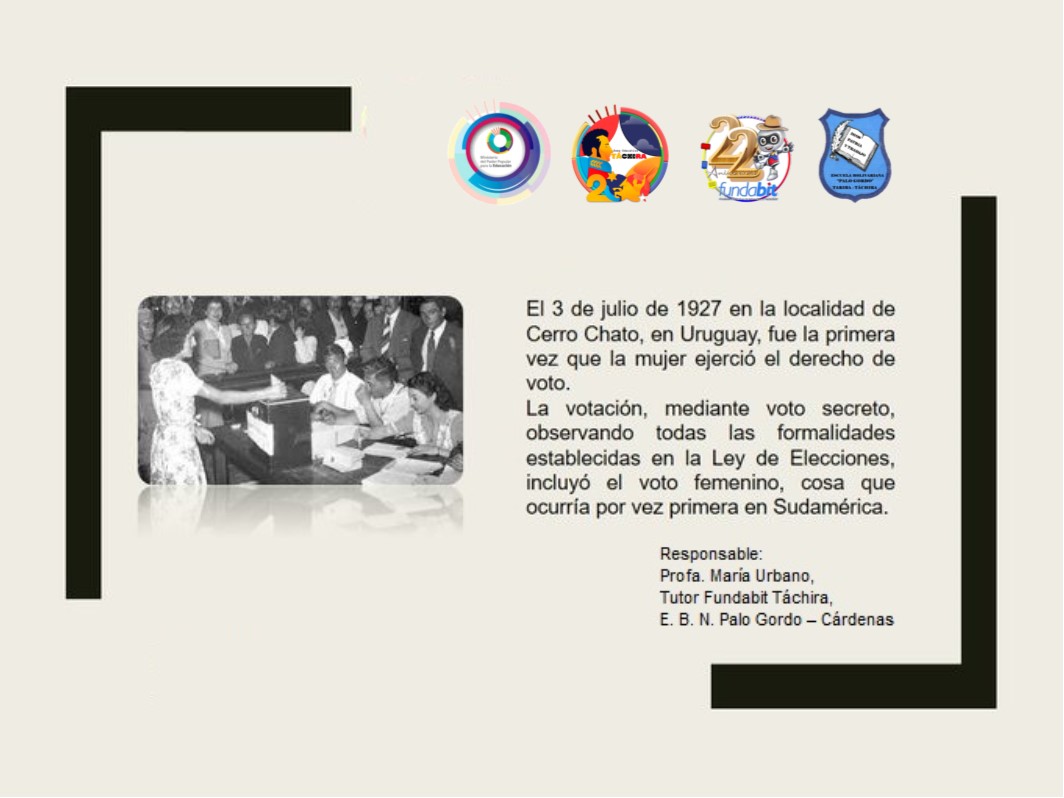#03Julio  ||  PRIMERA VEZ EN SUDAMÉRICA QUE LA MUJER EJERCE EL DERECHO DE VOTO.
<a href="/_LaAvanzadora/">Yelitze Santaella</a> <a href="/Berzabethg1/">Berzabethgandicaoficial</a> @MPPEDUCACION <a href="/Fundabit_/">FundabitOficial</a> <a href="/zulima_parilli/">zulima Parilli</a> <a href="/FundabitTachira/">Fundabit Táchira</a> <a href="/yuraimaaurora/">Licda. Yuraima Martinez</a> <a href="/jasmiramartinez/">jasmira martinez</a> <a href="/IRISARY/">GREISY IRISARY</a> @Palogorfo -