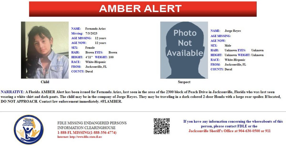 NerdBirdMafia's tweet photo. Kidnapped child- Fernanda Arias

Dark colored 2 door Honda with large rear spoiler 

#Duval #Jacksonville
#FL https://t.co/4oE4HlSQU7