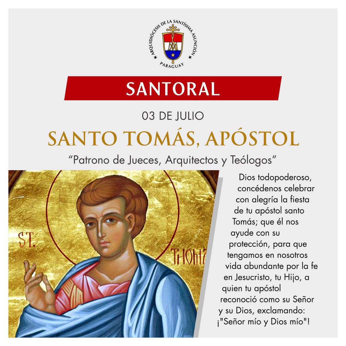 680CARITAS's tweet photo. #Santorales | 🙏Hoy celebramos la fiesta de Santo Tomás, apóstol.
Tomás, elegido por Cristo para ser apóstol suyo, es también símbolo del hombre en su lento caminar hacia la fe.

Vía: @arzobispadoasun https://t.co/r0MpavZCsi