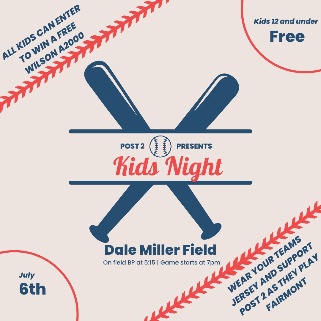 Join us Thursday at Dale Miller Field at Mylan Park for Kids Night! Come out and watch Post 2 take on rival Fairmont at 7pm. 

All youth players are welcome to participate in our on-field team batting practice at 5:15pm and take the field pregame with our starting lineup.