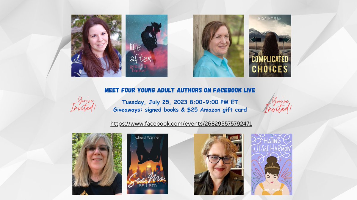 Join me and <a href="/genxrescue/">Robin Mimna</a> , <a href="/WannerCheryl/">Cheryl Wanner</a> and @genalea_barker at a special Facebook Live event to hear them talk about their debut YA novels and have a chance to win a signed book or an Amazon gift card.

Link to the Facebook Live event in my bio.

#Giveaways #yalit #bookparty