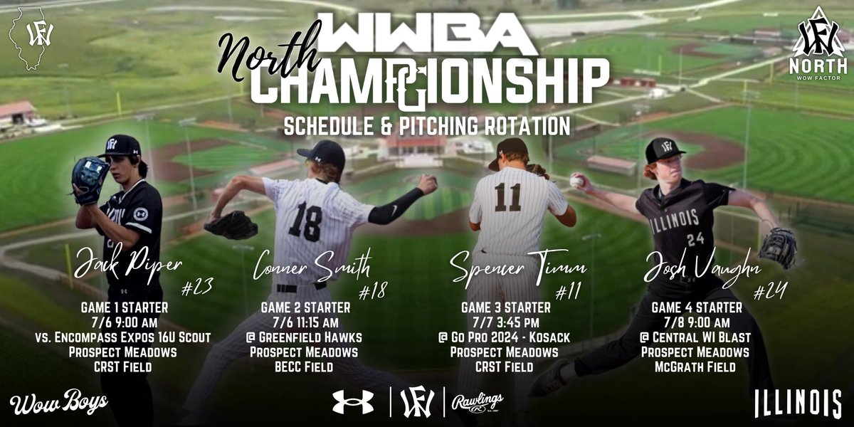 <a href="/IowaPG/">Perfect Game Iowa</a> WWBA North Championship
Schedule &amp; Rotation⬇️😎💪

Gm1: <a href="/Heypipe05/">Jack Piper</a> (Uncommitted ‘24) vs. Expos 16U Scout

Gm2: <a href="/ConnerSmith0618/">Conner Smith</a> (Uncommitted ‘24) @ Hawks 17U

Gm3: <a href="/spencer_timm05/">Spencer Timm</a> (Uncommitted ‘24) @ Go Pro 2024

Gm4: <a href="/JoshVaughn2424/">Josh Vaughn</a> (<a href="/BradleyBaseball/">Bradley Baseball</a>) @ Central WI Blast