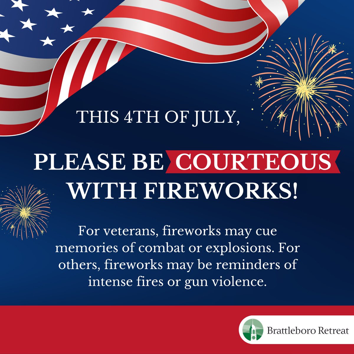 We want to remind everyone to be mindful and considerate of those who may be affected by fireworks this 4th of July. 

The <a href="/VA_PTSD_Info/">Nat'l Ctr. for PTSD</a> shares tips for dealing with fireworks and how friends and family can support those living with #PTSD in this article: ptsd.va.gov/understand/wha…