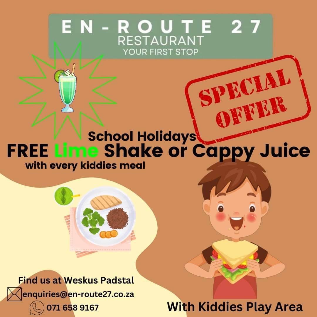 Enroute27's tweet photo. We have a large kiddies play area catering for all ages,
And if the weather is getting you down, we offer a free kiddies lime milkshake or Cappy Juice with any kiddies meal.
#enroute27 #weskuspadstal #kiddiesspecial #kiddiesplayarea #freelimeshake #goodfood #weskuspadstal https://t.co/t4Em3IKR42