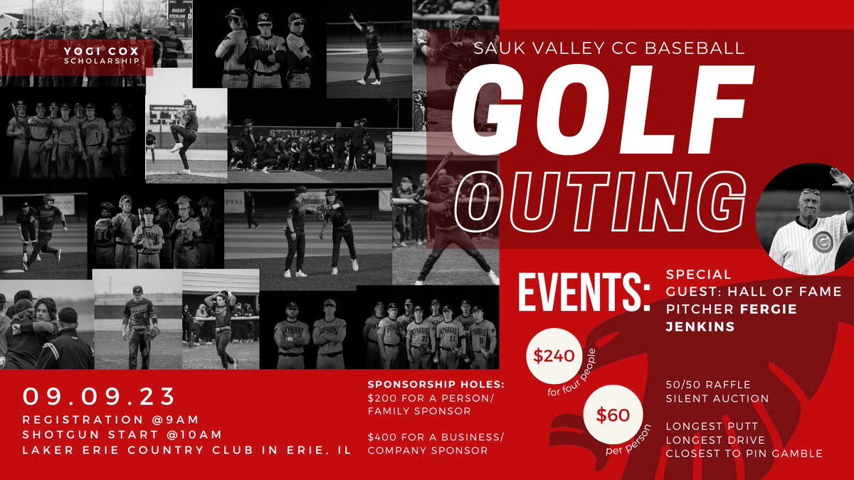 Attention all Alumni/ community supporters in the Sauk Valley area. We are hosting our 2nd annual SVCC Baseball Golf Outing 9/9/23. If interested please contact eann.e.cox@svcc.edu. You can pay cash/check day of, or in advance via Venmo.
