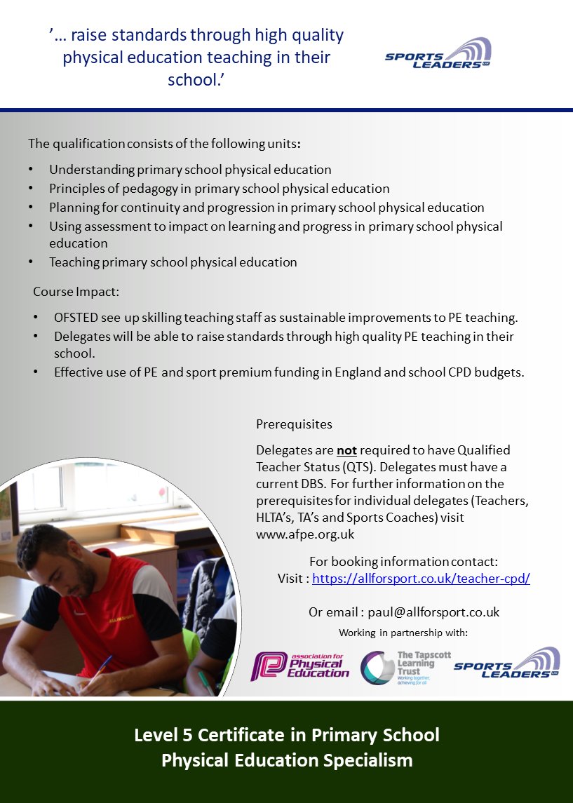 Calling all London based Primary PE teachers and coaches... become a certified Primary PE Specialist in 2023-24. Superb practical and theory based learning, to develop your PE confidence and delivery. <a href="/afPE_PE/">Association for Physical Education</a> <a href="/LearnTapscott/">Learn Tapscott</a> <a href="/charmoore566/">Charlotte Moore</a> <a href="/SportsLeaders/">Sports leaders network</a>