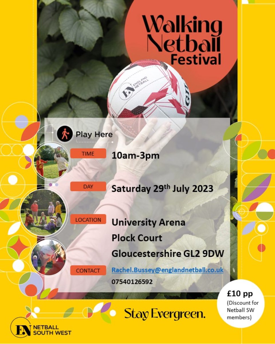 Calling all Walking Netballers, don't miss out on our upcoming Walking Netball Festival! 

📅 29/07/2023
🕙 10am-3pm
📍 University Arena, Gloucestershire, GL2 9DW
💷 £10pp (discount for NSW members)

For more information contact: Rachel.bussey@englandnetball.co.uk 

#netballsw