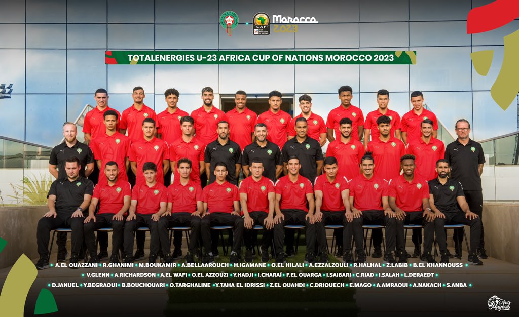 الصورة الرسمية للمنتخب الوطني لاقل من 23 سنة المشارك في كأس افريقيا للامم

Official picture of our U23 National Team in TotalEnergies U23 Africa Cup of Nations Morocco 2023

#DimaMaghrib 🇲🇦