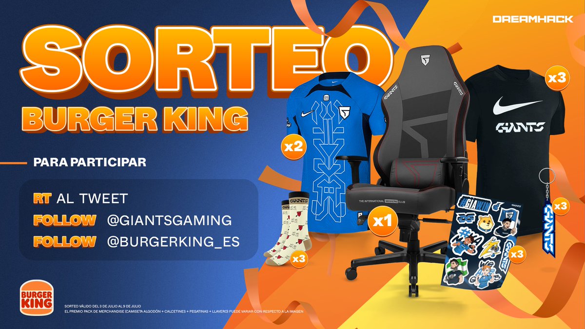 GIANTXGG's tweet photo. SORTEO GIANTS X BURGER KING PARA ABRIR BOCA ANTES DE DREAMHACK 🍔

Ganar es MUY FÁCIL: 

🔁 RT a este Tweet. 
✅ Sigue a @burgerking_es y a @GiantsGaming. 

🎉 Damos ganadores el 9/07. Mucha suerte 🍀 https://t.co/GD34iuOflD
