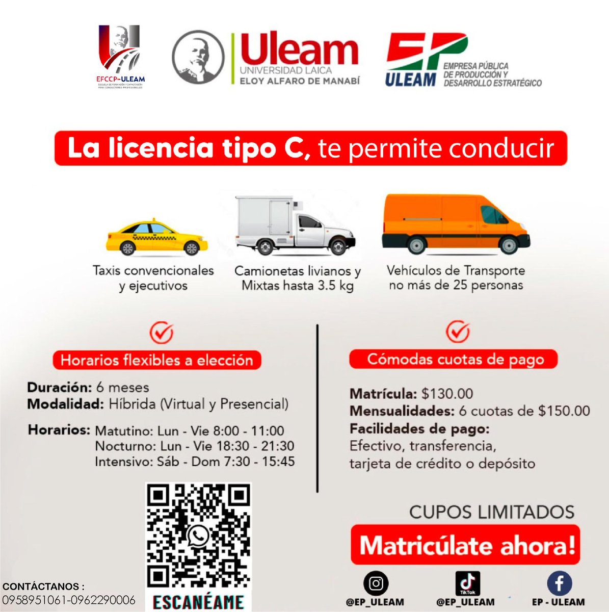 UleamEcuador's tweet photo. ¡ATENCIÓN MATRICULAS AL CURSO LICENCIA TIPO "C" ULEAM! ULTIMOS CUPOS LIMITADOS!
#licenciadeconducir #carnet #conductor #educacionvial #transito #manejar #clasespracticas #aprenderaconducir #Licencia #uleam #UleamEcuador #EFCCP #EscuelaDeManejo #LicenciaTipoC #Licenciamanta https://t.co/EmJPSsjTpz