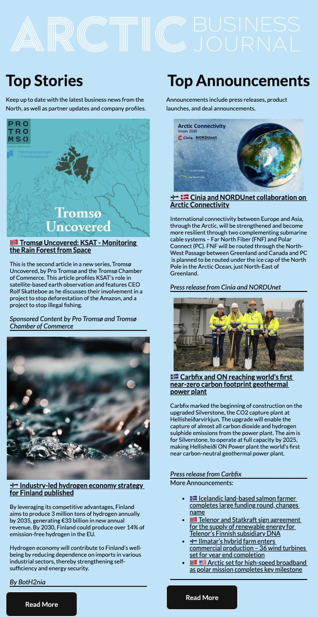 Our latest #newsletter is out now!

The second article in a new series, Tromsø Uncovered, profiles <a href="/KSAT_Kongsberg/">KSAT</a>. Finland's industry-led hydrogen economy strategy is published, as well as the latest announcements.

Read more at mailchi.mp/arcticnow/at-a…

#arctic #arcticbusiness