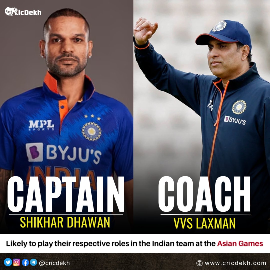 cricdekh's tweet photo. Leading the way! Exciting news as Captain Shikhar Dhawan and Coach VVS Laxman are set to take charge for the Indian team at the upcoming Asian Games. Let the games begin! 🏏🔥
#ShikharDhawan #VVSLaxman #AsianGames #asiangames2023 #indiateam #indiacricket #worldcup #cricdekh https://t.co/bGEhHBJE7a