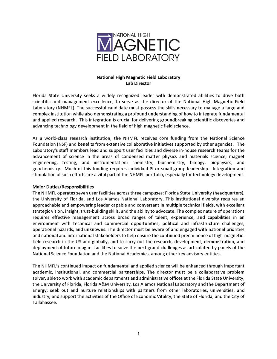 A great opportunity: the National High Magnetic Field Laboratory is searching for a new director. Consider applying, and please pass this on to your network.