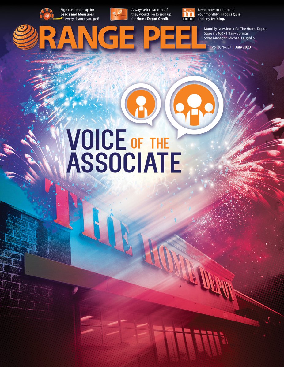 JerryKanabel's tweet photo. Completed design of the July issue of the ORANGE PEEL, the store newsletter for The Home Depot, Tiffany Springs, Kansas City, Missouri. Always thankful that I get to utilize my passion for graphic design. Eight more issues to reach 100. @CampSweenScott @KellyConnors7 https://t.co/X9KajSxLzp