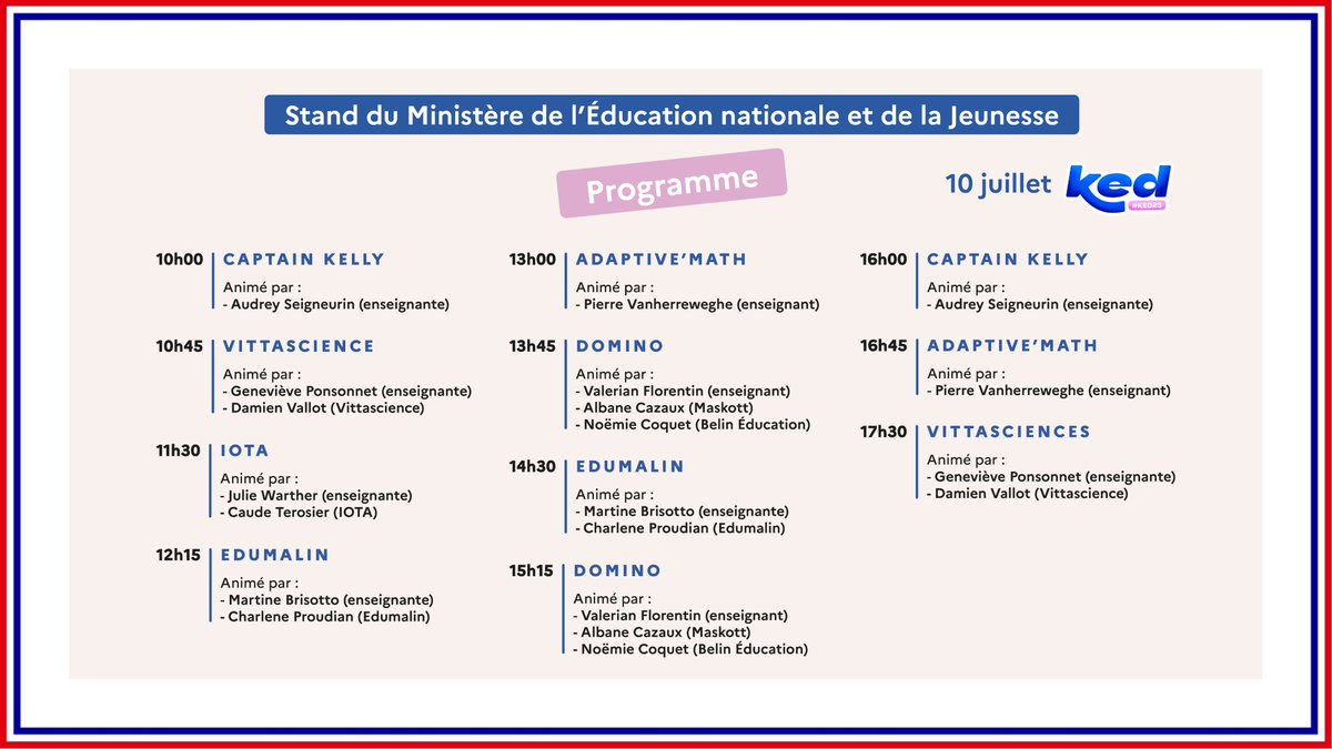 ⌛️J-7 avant de pouvoir vous retrouver au #KED23🙌
Nous sommes heureux de pouvoir vous proposer un grand nombre d'ateliers sur le stand d'<a href="/education_gouv/">Ministère Éducation nationale</a>   #DNE
Merci aux #enseignantes et #enseignants qui ont répondu présents à nos côtés🙏

<a href="/audranlebaron/">Audran Le Baron</a> <a href="/ePerdir/">Lionel Garnier</a> <a href="/Christel_Prince/">Christelle Prince</a>