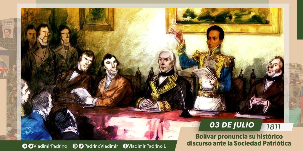 Aquel joven militar expresó un día como hoy en 1811 lo que caracterizaría su trayectoria política: determinación, voluntad y claridad por la INDEPENDENCIA; 212 años después del discurso de Bolívar ante la Sociedad Patriótica seguimos conscientes de que ¡VACILAR SERÍA PERDERNOS!