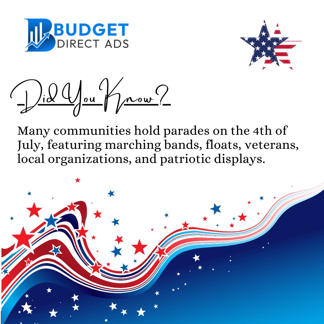 budgetdirectads's tweet image. #DYK Post - Many communities hold parades on the 4th of July, featuring marching bands, floats, veterans, local organizations, and patriotic displays. 
#4thJuly #4thjulyweekend #digitalmarketing #socialmedia #business #seo #branding #contentmarketing #smallbusiness