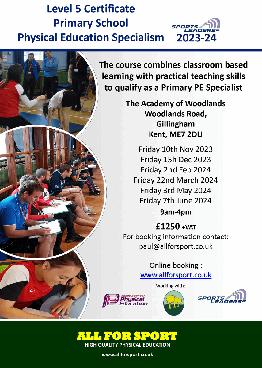 AllForSportLtd's tweet photo. Calling all SE London, Kent and Medway based Primary PE teachers and coaches... become a certified Primary PE Specialist in 2023-24. Superb practical and theory based learning, to develop your PE confidence and delivery. @afPE_PE  @charmoore566 @SportsLeaders @Woodlands_aca https://t.co/DAlitUXpg1