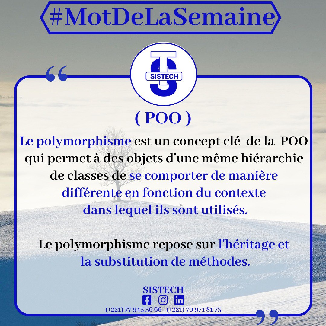 SISTECH221's tweet photo. Le polymorphisme est un concept clé de la POO qui permet à des objets d'une même hiérarchie de classes de se comporter de manière différente en fonction du contexte dans lequel ils sont utilisés. 
Le polymorphisme repose sur l'héritage et la substitution de méthodes. https://t.co/ObdpnoSMIV