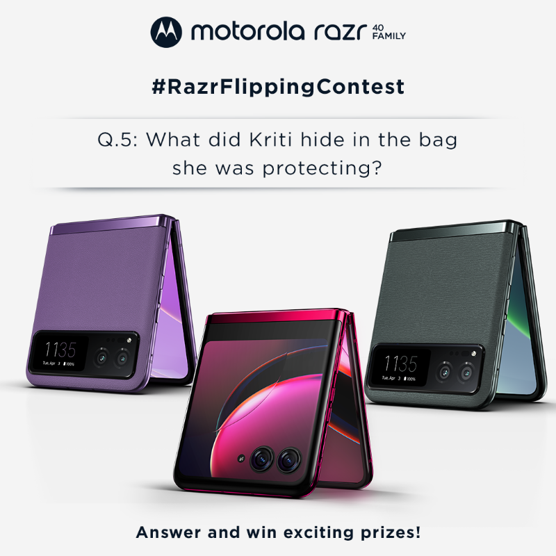 motorolaindia's tweet photo. #ContestAlert Could your eyes catch Kriti sneaking? Answer in the comments below and like the live stream of the event. Answer correctly and get exciting prizes. Don’t forget to use the #RazrRevolution2023 and #Razr