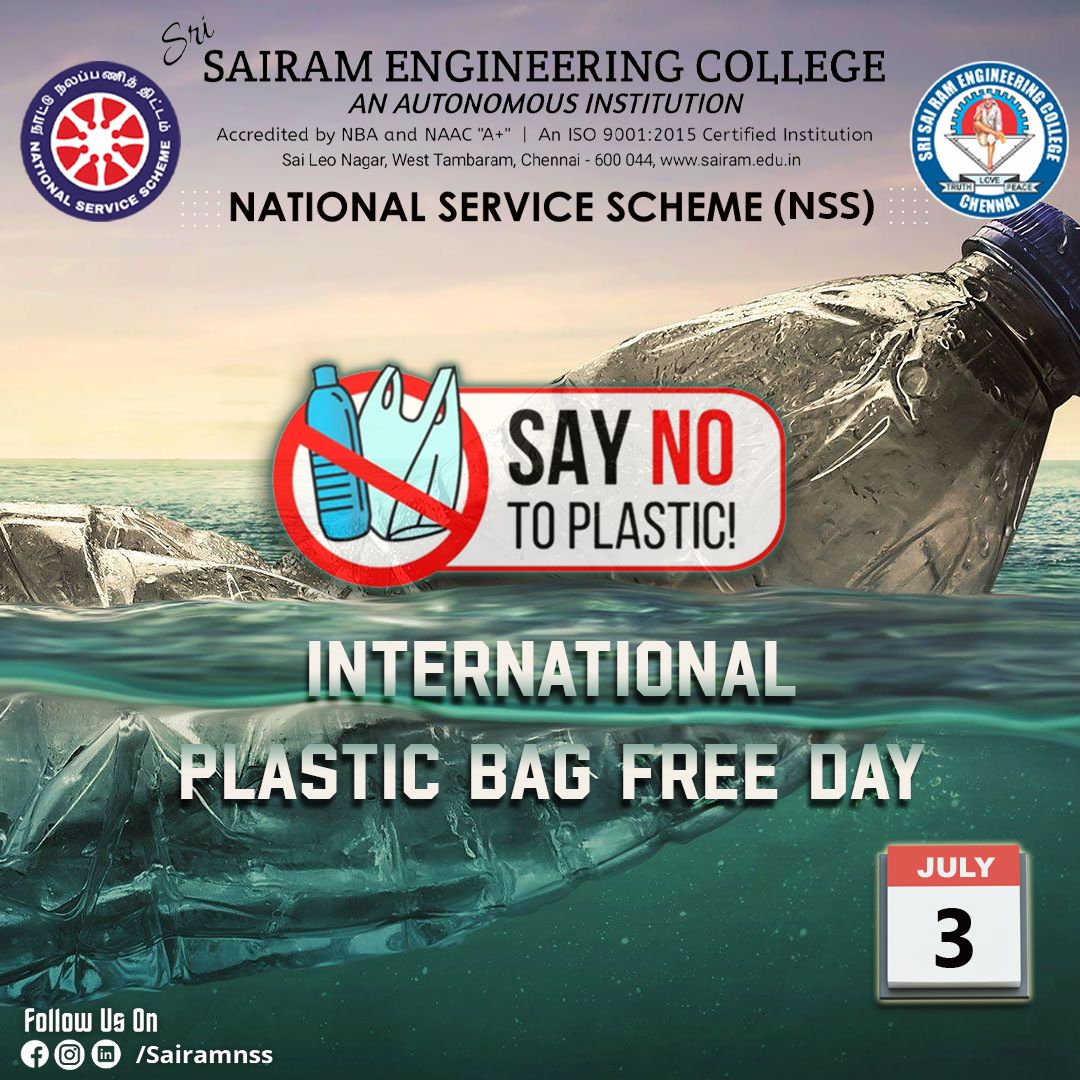 NSSSAIRAM's tweet photo. " Let's go the extra mile for a Plastic - free lifestyle.
Bag it 🛍️, Bin it 🗑️, Ban it ❌!"
♻️🆓Ignite the eco-warrior within and liberate yourself from plastic bags, paving the way for a greener future on International Plastic Bag Free Day 🌍.
@sairamceo
#nssindia #rdnss https://t.co/lLIhCrr0Ct