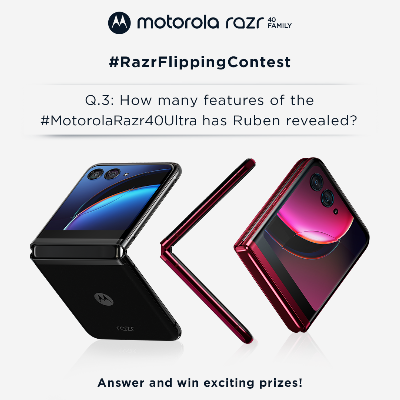 motorolaindia's tweet photo. #ContestAlert Let’s see if you’ve been listening to Ruben closely! Answer in the comments below and like the live stream of the event. Answer correctly and get exciting prizes. Don’t forget to use the #RazrRevolution2023 and #RazrFlippingContest
