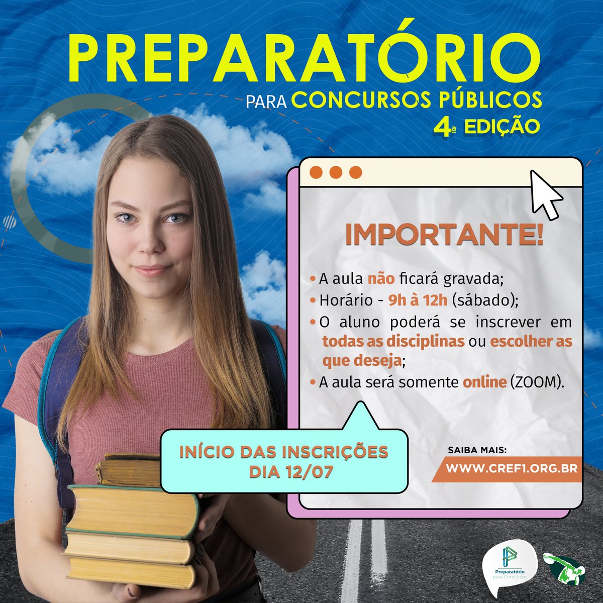 CREF_1's tweet photo. Bom dia! 
Vamos dar início a mais uma edição do Preparatório para Concursos Públicos. Fiquem ligados, as inscrições terão início no dia 12 de julho e estará tudo em nosso site. Se preparem para conquistar a sua vaga dos sonhos. Não percam essa oportunidade única! https://t.co/k8JM9pupRg
