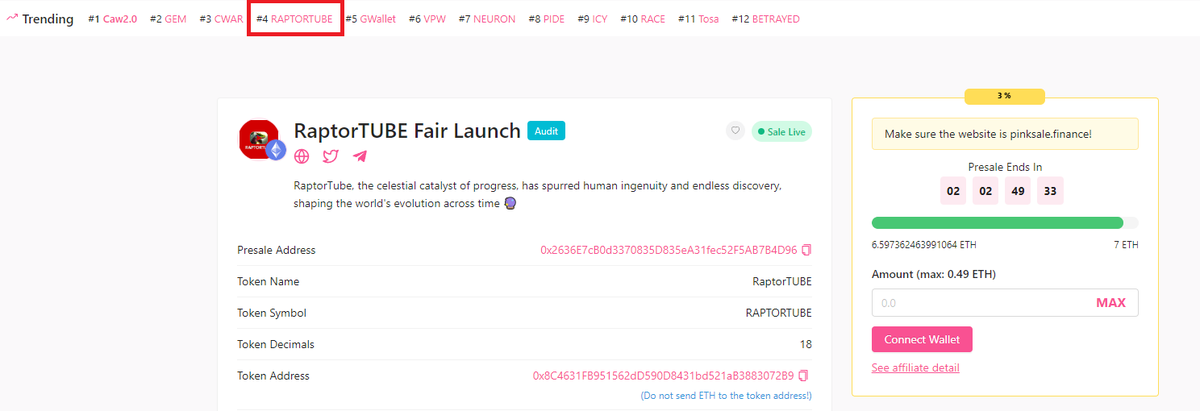 xpepe_erc20's tweet photo. RaptorTUBE is on top 4 trending of Pinksale ✅

https://t.co/qC78Y6pz5i

#RaptorTUBE https://t.co/pqYA1XTXsC