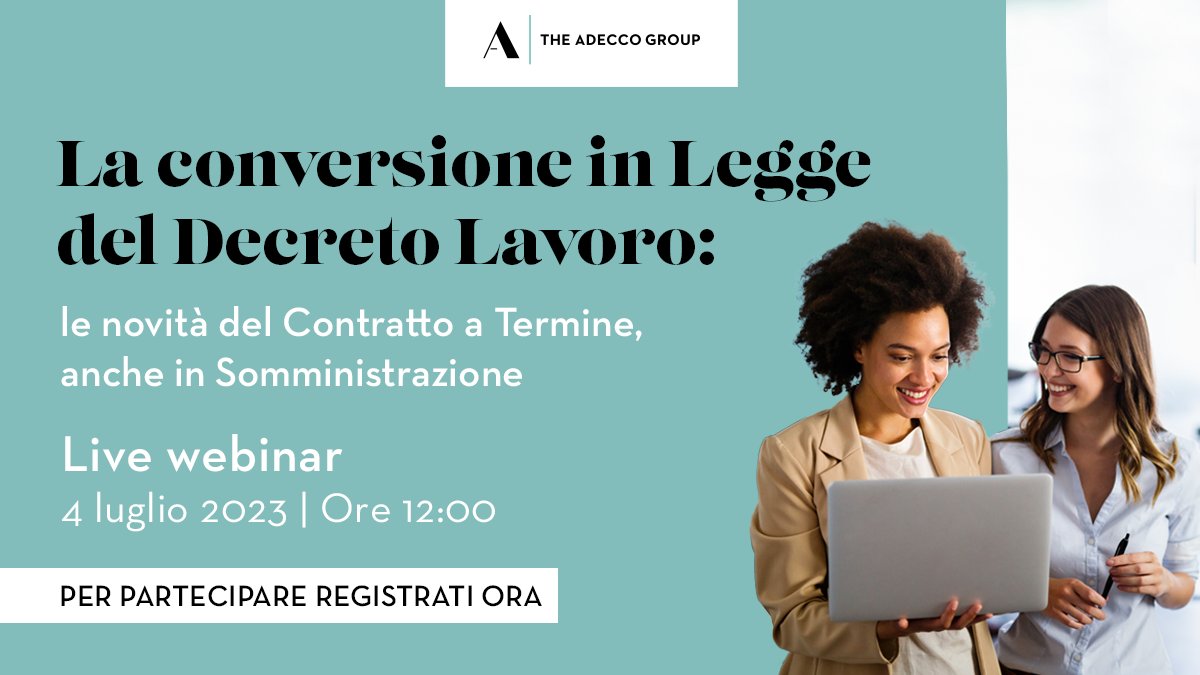 Appuntamento il 4/07 al webinar “La conversione in Legge del Decreto Lavoro", evento incentrato sui cambiamenti che la nuova legge apporterà nel mercato, ad iniziare dagli incentivi per le assunzioni e dalle modifiche ai contratti a termine. Iscriviti ora: bit.ly/43hXI36
