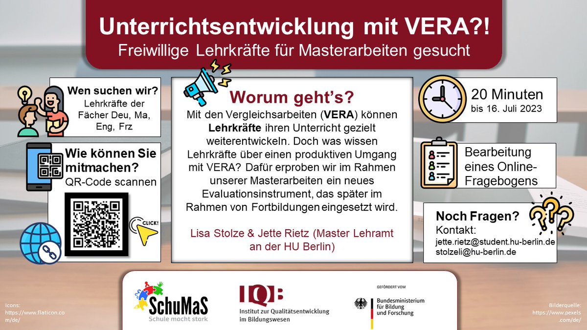 📢 #Lehrkräfte für die Erprobung eines neues Evaluationsinstruments gesucht! 👩‍🏫 Im #SchuMaS-Teilprojekt am IQB werden zwei Masterarbeiten betreut, die Teilnehmende zum Thema "Unterrichtsentwicklung mit VERA" suchen: tinyurl.com/vera78
#twlz #twitterlehrerzimmer Gern RT!