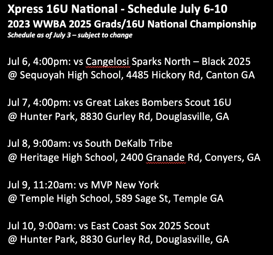 🗓️🚂🗓️🚂🗓️

Next stop for Xpress National 16U:
2023 WWBA 2025 Grads/16U National Championship in Atlanta.