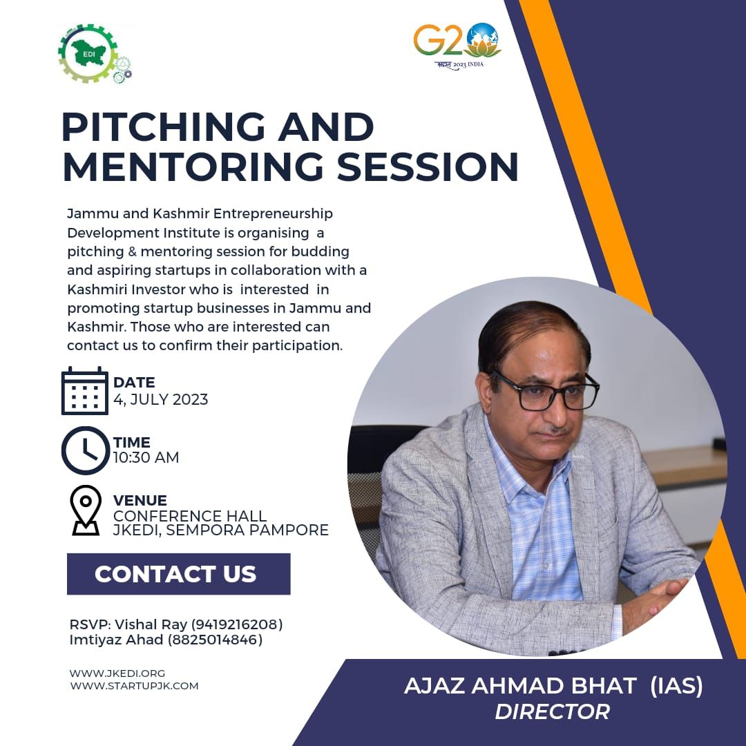 Calling all startups!
Join us tomorrow at JKEDI Pampore for an  pitching session.  Showcase your innovative ideas, and seize the opportunity to take your startup to new heights!  #StartupPitching #JKEDI #InnovationJourney #Pampore