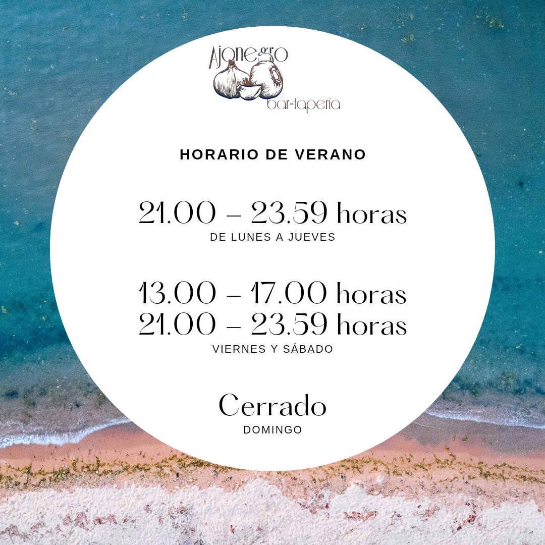 Comenzamos el horario de verano.

✅ De lunes a jueves: 21.00 a 23.59
✅ Viernes y sábado: 13.30 a 17.00 y 21.00 a 23.59
❌ Domingo: cerrado

Os esperamos 😘😘

#taperia #taperiaajonegro #ajonegro #tapas #cañas #badajoz #badajozmola #badajozcity #badajozturismo #Extremadura