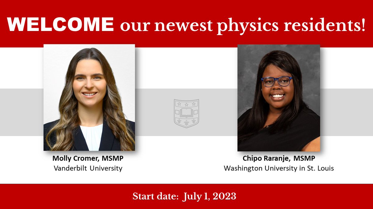 WashUMedRadOnc's tweet photo. Please give a warm #medphys welcome to our new Medical Physics residents!

Molly Cromer &amp; Chipo Raranje we are thrilled to have you on our #radonc team @WUSTLmed &amp; @SitemanCenter! ☢️🌟 https://t.co/orpvCaFhKy