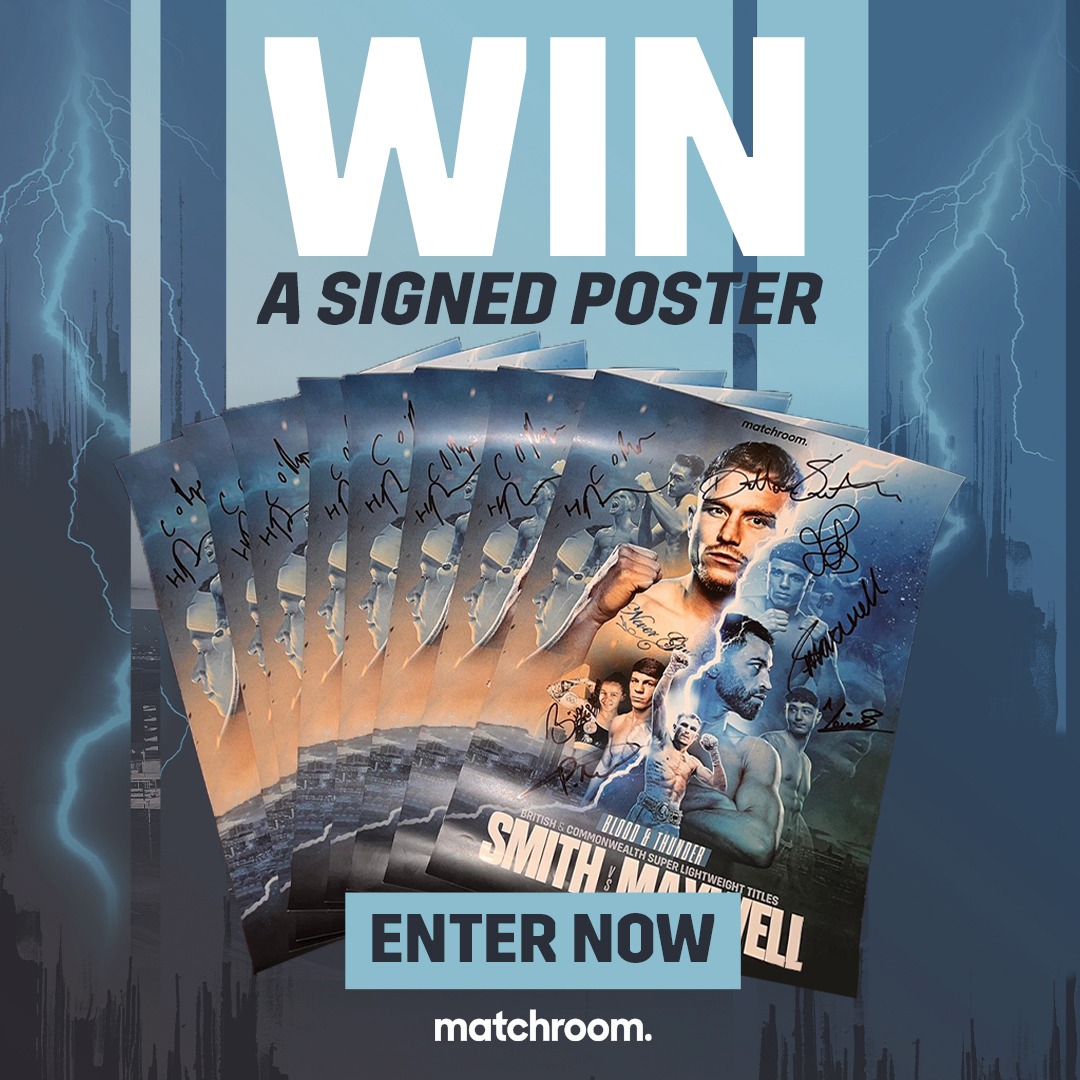 MatchroomBoxing's tweet photo. Limited edition memorabilia giveaway π¨π₯
Enter below for the chance to win one of five signed fight posters from #SmithMaxwell, featuring @daltonsmith08, @PatMcCormack14, @BFerreira60kg & more! β¬οΈ