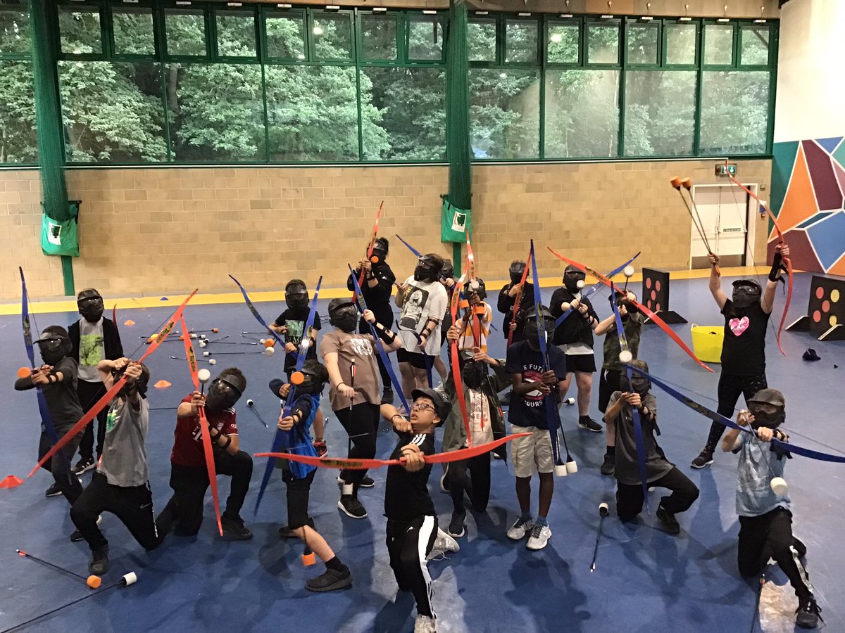 HighwoodPrim6B's tweet photo. Is that Robin Hood? Or maybe Will Scarlett? Perhaps it’s King John? Archery tag getting us ready for our roles in our Year 6 production next week! 🏹 https://t.co/IxHPIIQmOl