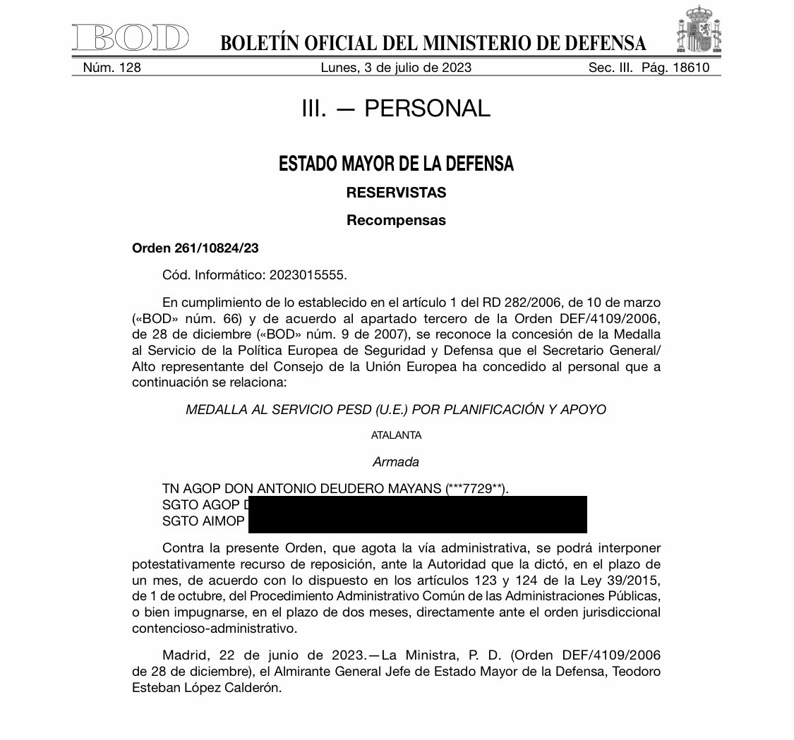 ToniDeudero's tweet photo. Medalla al Servicio #PESD de la UniónEuropea -Planificación y Apoyo-
#OperaciónATALANTA
#ReservistaVoluntario #FuerzasArmadas
@Armada_esp
#ARMADA⚓️🇪🇸🇪🇺 https://t.co/BSEy0mgXzu