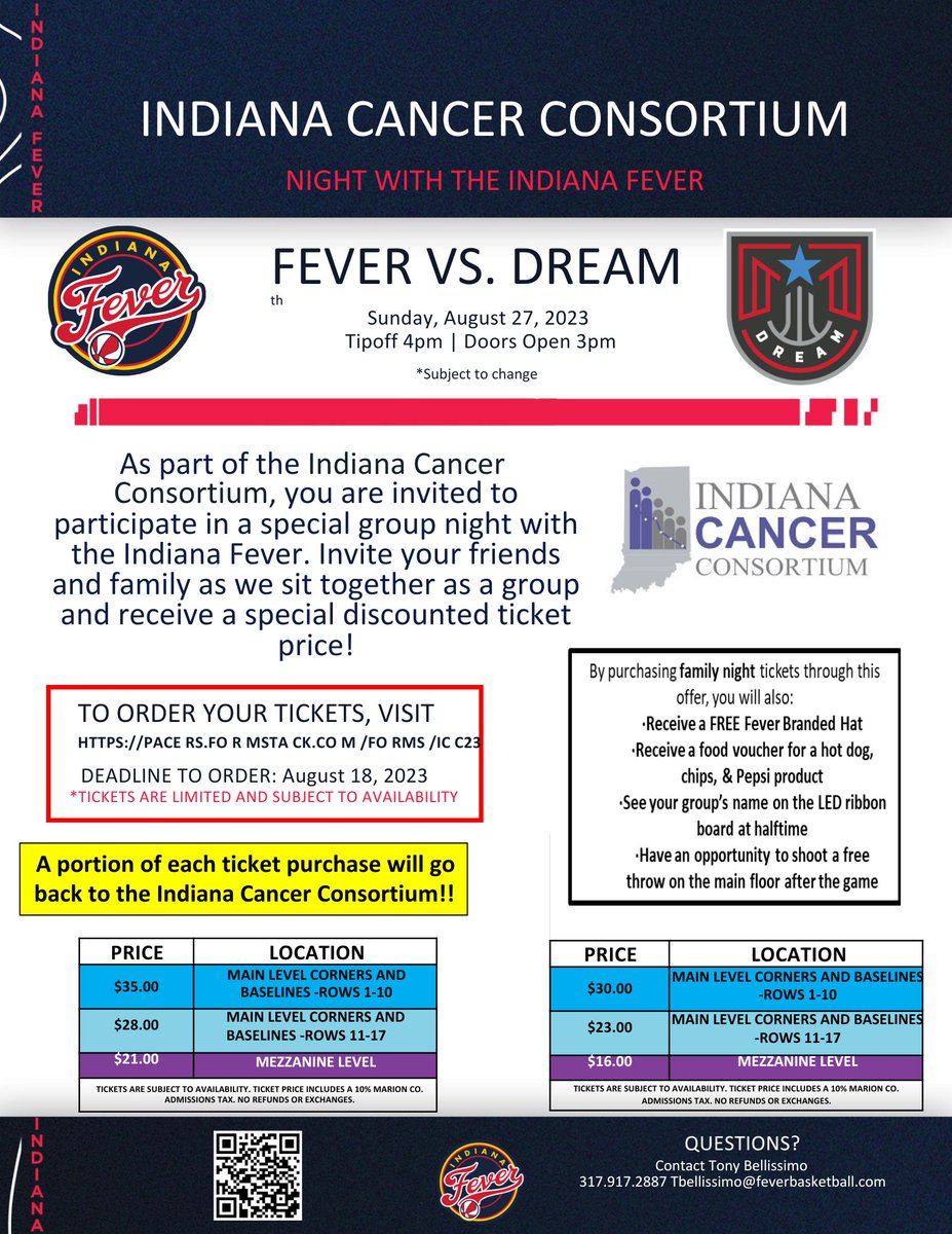 The ICC has been invited to be a part of the Indiana Fever game-day activities on Sunday, August 27th at 4PM as they host a Breast Health Awareness Night. Come out and support those impacted by cancer, the ICC and Indiana Fever. #cancer #breasthealth pacers.formstack.com/forms/ICC23