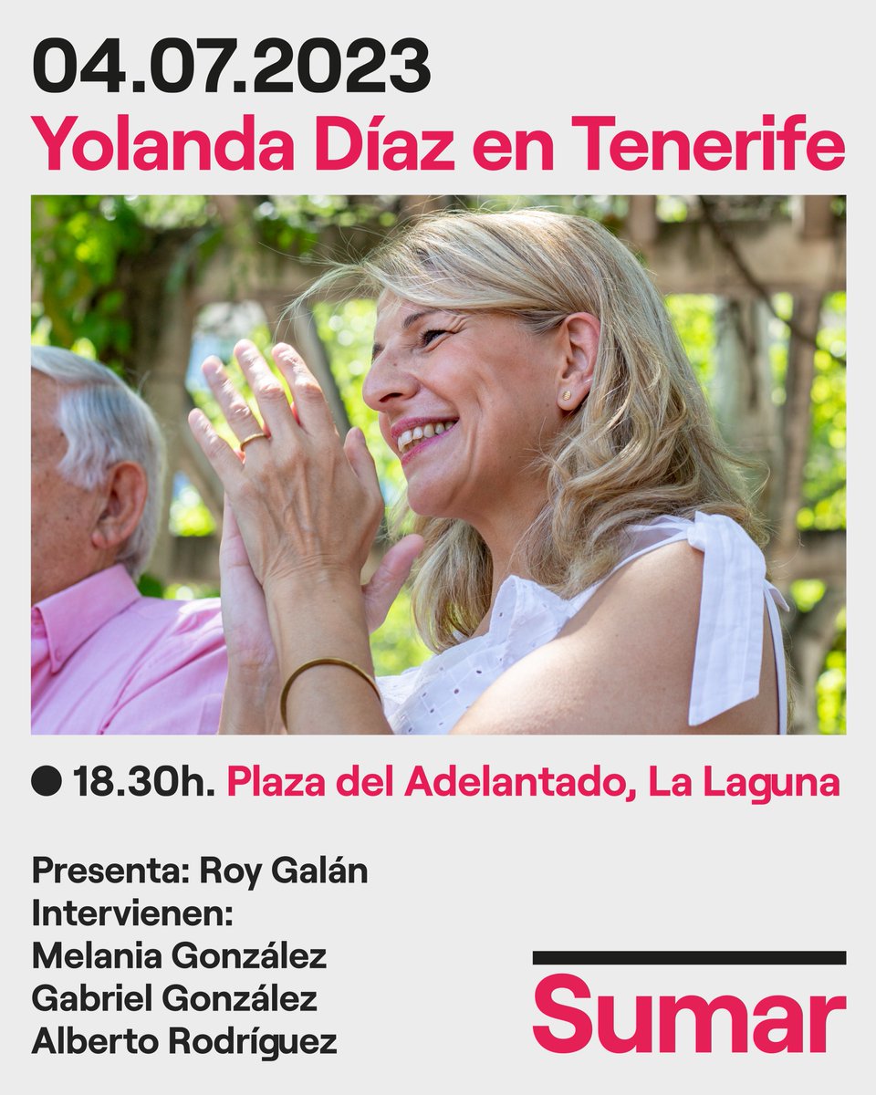 Yolanda_Diaz_'s tweet photo. Este martes nos vemos en La Laguna.

Seguimos recorriendo cada punta de nuestro país para defender el próximo 23J nuestros derechos y libertades.

⏳Nos vemos a partir de las 18:30 en la Plaza del Adelantado. https://t.co/byUFBI22T0