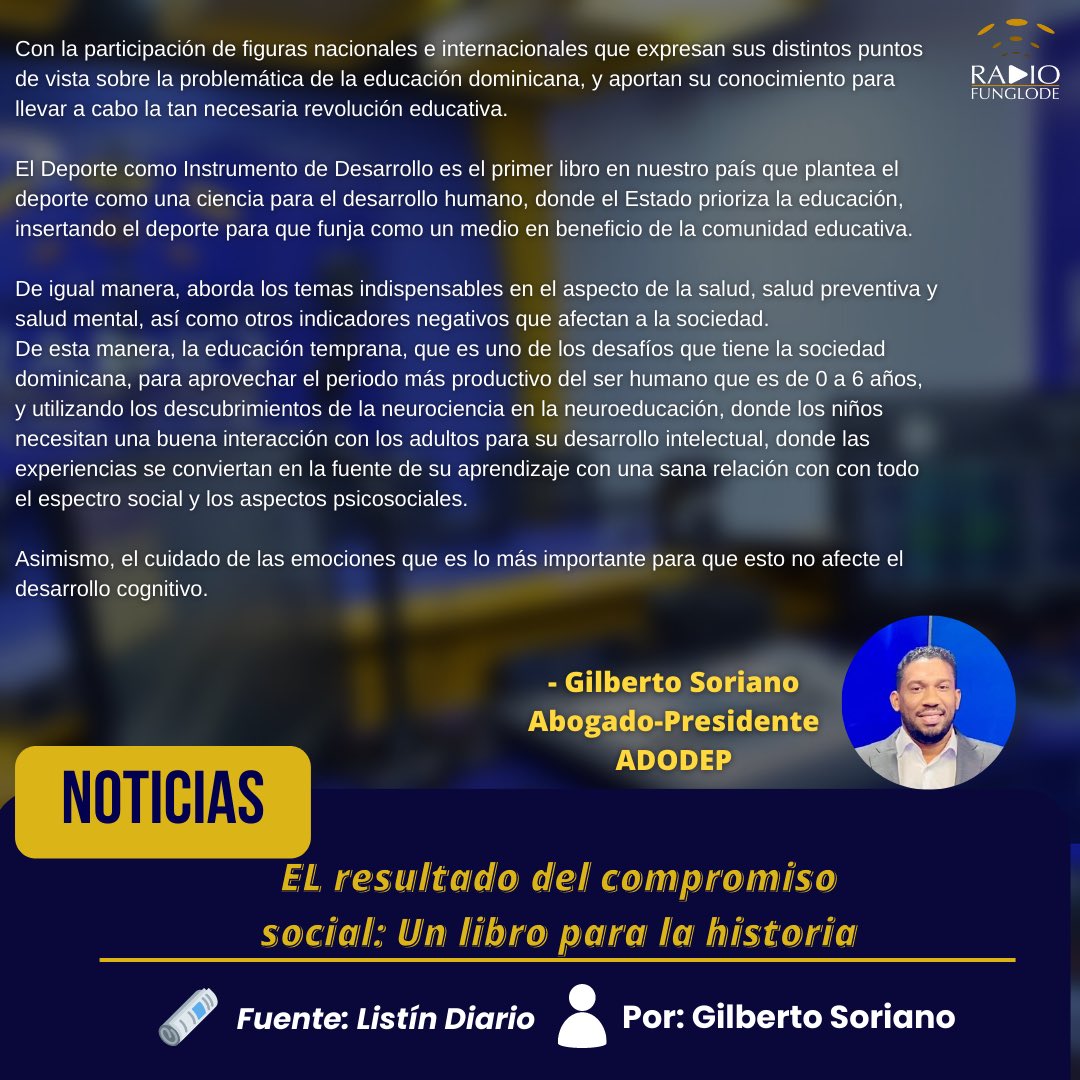 RadioFUNGLODE's tweet photo. ¡Llegó el gran día! ⬇️

#ADODEP| Gran lanzamiento del libro “El Deporte Como Instrumento de Desarrollo: Hacia un Nuevo Modelo Educativo en el Siglo XXI”.

🗓 Fecha: Lunes 3 de Julio
⏰️ Hora: 6:00 p.m.
📍 Lugar: Pabellón de la Fama del Deporte Dominicano. https://t.co/1KzKToPYpT