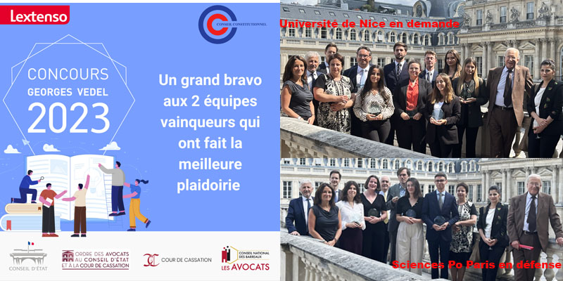 Finale du Concours Vedel 2023 🏆| Félicitations aux 2 lauréats : <a href="/Univ_CotedAzur/">Université Côte d'Azur</a> et <a href="/sciencespo/">Sciences Po</a> ont remporté le défi de #QPC en plaidant🎤 au <a href="/Conseil_constit/">Conseil constit</a> devant un jury prestigieux 👉 <a href="/Courdecassation/">Cour de cassation</a> <a href="/Conseil_Etat/">Conseil d'État</a> <a href="/CNBarreaux/">Conseil national des barreaux - les avocats</a> et <a href="/avoca_ssation/">Avocats aux conseils</a> 📢 lext.so/PfqiQA