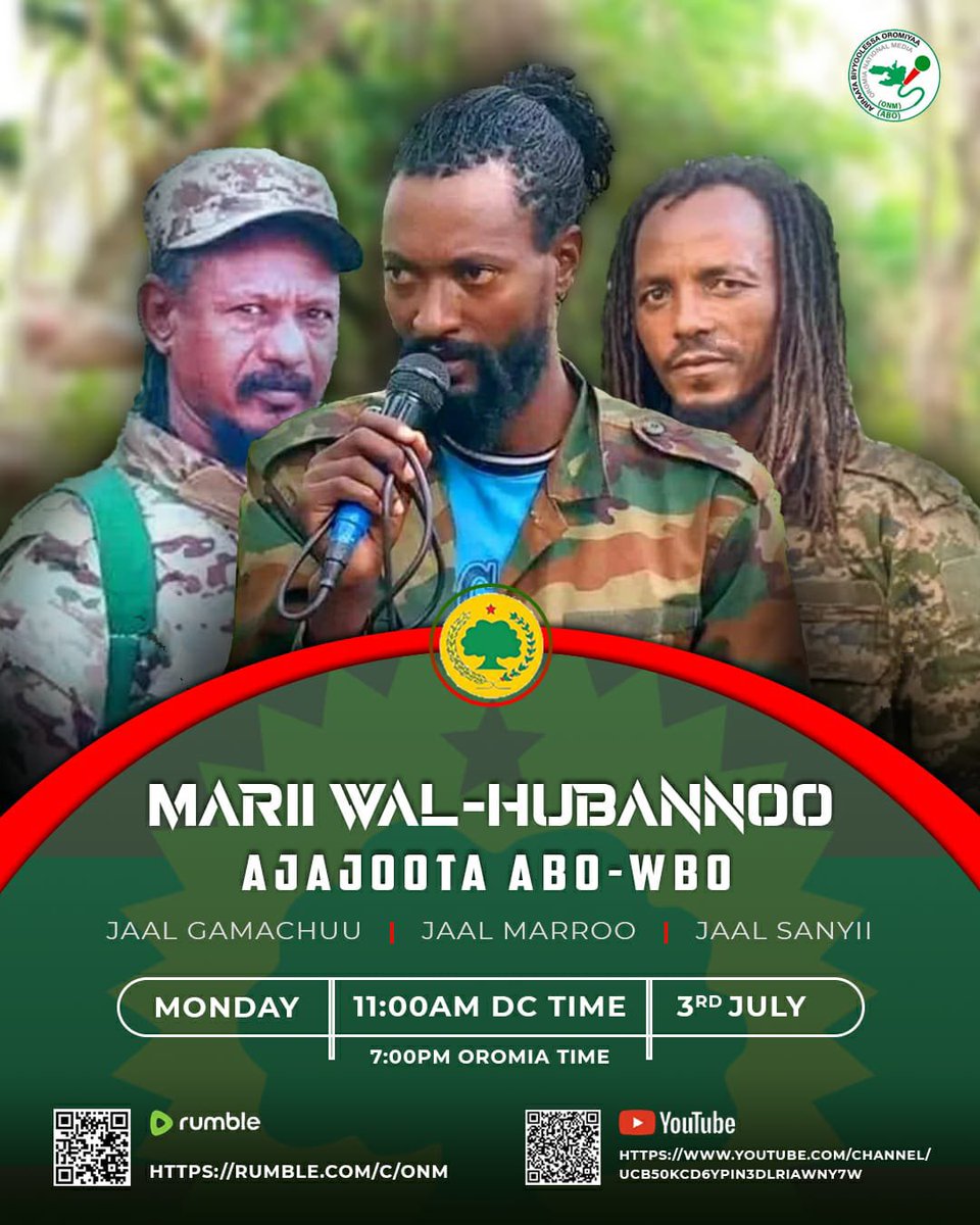 Wanofii123's tweet photo. Oduu Aagaa!

Adoolessa 3, 2023 Ajajaan Ol’aanaa ABO-WBO jaal Marroo Dirribaa, I/A Ajajaa Ol’aanaa ABO-WBO jaal Gammachuu Abboyyee fi Ajajaan ABO-WBO Zoonii Gidduu Galeessaa jaal Sanyii Nagaasaa karaa Arraata Biyyoolessa Oromiyaa oduu aagaa isiniif qabu! 
Kanaaf, kallatti YouTube, https://t.co/eJevA7Zp8S