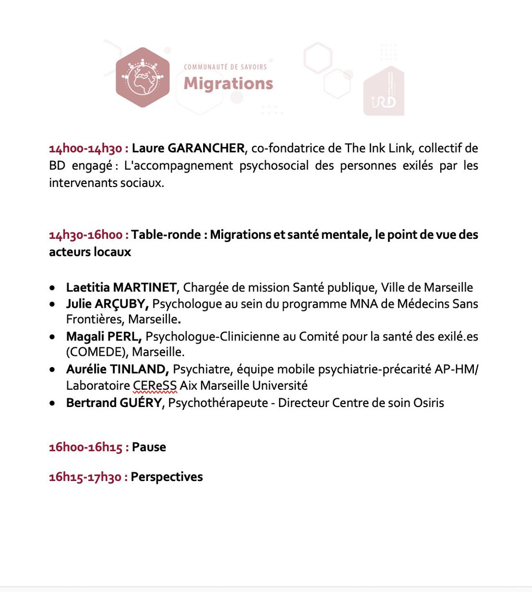 JAMIDHicham's tweet photo. 💡04/07/23, CoSaV-Migrations de @ird_fr  organise un atelier "Migrations et santé mentale : de la réflexion à l'action ». @PetitVeroniqu12  @ird_fr  @LPED151  @CepedDirection @halakerbage @MSF_france @comede_asso @univ @ICMigrations https://t.co/y4w1btPkRY