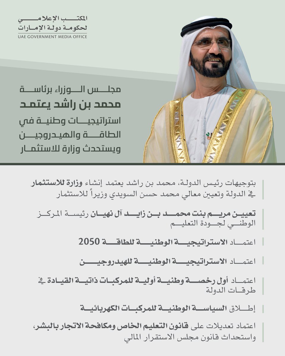 UAEmediaoffice's tweet photo. مجلس الوزراء برئاسة صاحب السمو الشيخ محمد بن راشد يعتمد الاستراتيجية الوطنية للطاقةوالاستراتيجية الوطنية للهيدروجين.  واستحداث وزارة للاستثمار، وتعيين سمو الشيخة مريم بنت محمد بن زايد آل نهيان رئيسة للمركز الوطني لجودة التعليم https://t.co/uLVsHCGxlu