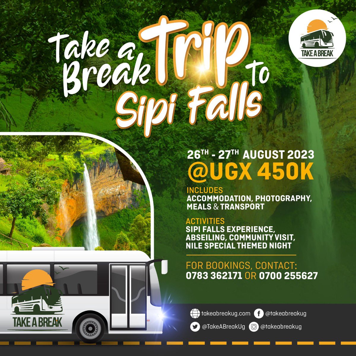 'Embrace the Adventure! Life is short and the world is wide. Join us on this #TakeABreak excursion to Sipi Falls on Aug 26-27. Immerse yourself in Uganda's breathtaking beauty, chase waterfalls, and create memories that will last a lifetime, at 450k. DM us to book. #MadeOfUganda